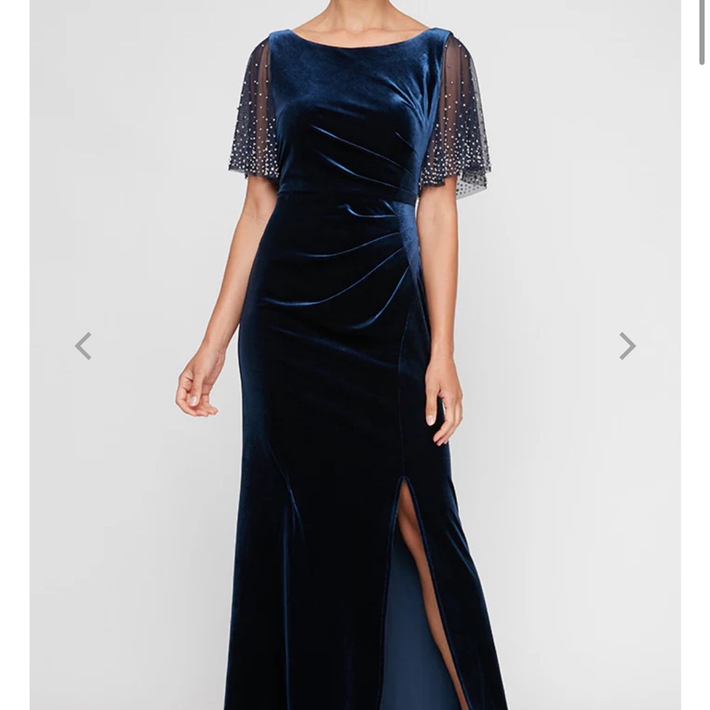 Alex Evenings Fit and Flare Velvet Dress with Flutter Sleeves and Front Slit